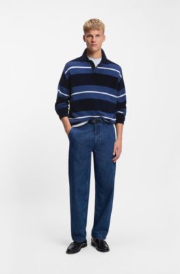 Cotton-blend knit polo with block stripes, Dark Blue