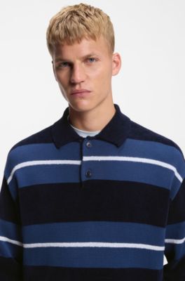 Cotton-blend knit polo with block stripes, Dark Blue