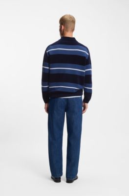 Cotton-blend knit polo with block stripes, Dark Blue