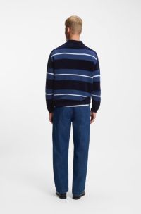 Cotton-blend knit polo with block stripes, Dark Blue
