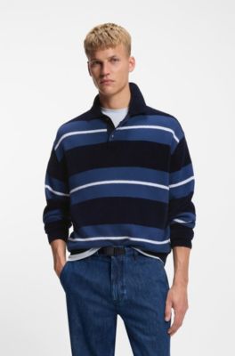 Cotton-blend knit polo with block stripes, Dark Blue