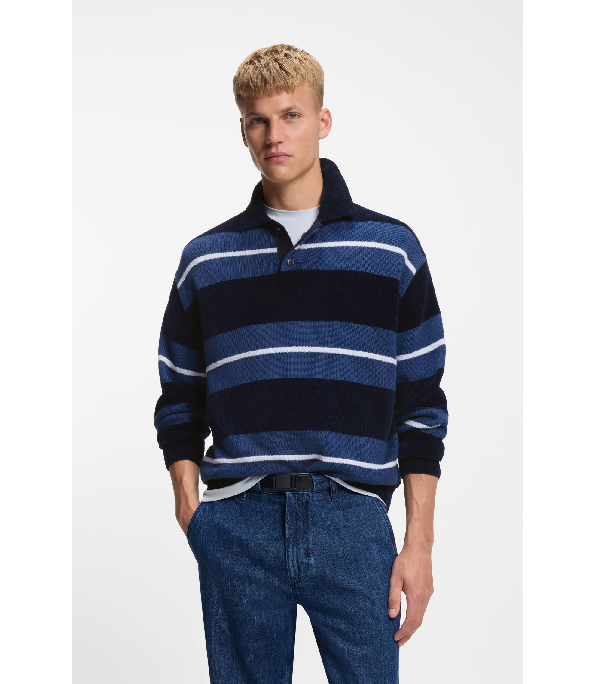 Strick-Poloshirt aus Baumwoll-Mix mit Blockstreifen