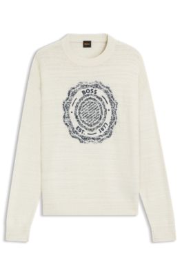 Pull en maille flamm&eacute;e avec logo &eacute;cusson intarsia, Naturel