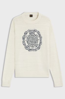 Slub-knit sweater with crest-logo intarsia, Natural