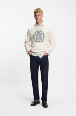 Slub-knit sweater with crest-logo intarsia, Natural