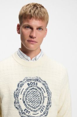 Slub-knit sweater with crest-logo intarsia, Natural