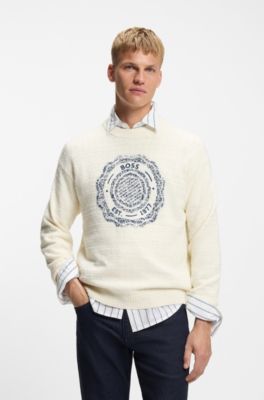 Slub-knit sweater with crest-logo intarsia, Natural