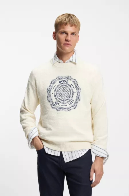 Slub-knit sweater with crest-logo intarsia