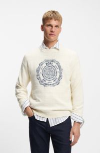 Pullover aus strukturiertem Strick mit Wappen-Logo-Intarsie, Natur