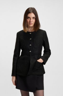 Veste Regular en maille bouclette brillante avec boutons n&oelig;ud, Noir