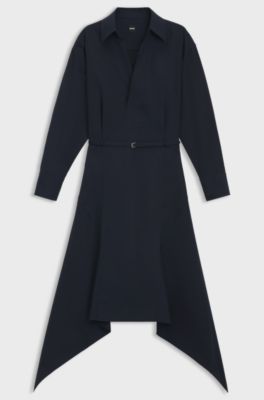 Robe-chemise &agrave; ceinture en popeline de coton, Bleu fonc&eacute;