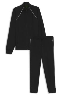 Cotton-blend tracksuit set with contrast piping, Black
