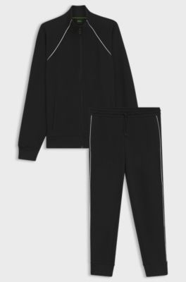 Cotton-blend tracksuit set with contrast piping, Black