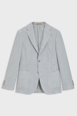 Blazer slim fit in lino, seta e cotone, Quadri azzurri