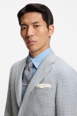 Slim-fit blazer in linen, silk and cotton, Light Blue checks