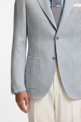 Slim-fit blazer in linen, silk and cotton, Light Blue checks
