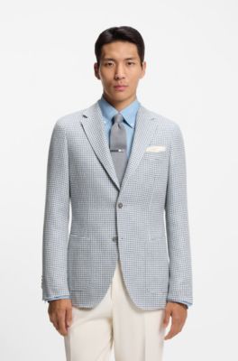Slim-fit blazer in linen, silk and cotton, Light Blue checks