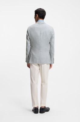Blazer slim fit in lino, seta e cotone, Quadri azzurri