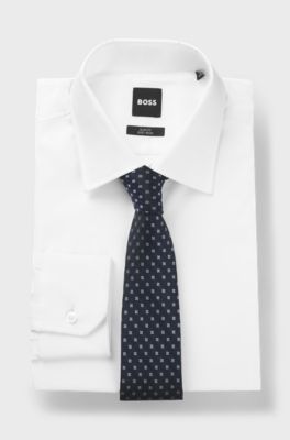 Silk-blend tie with jacquard pattern, Dark Blue