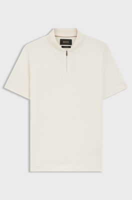 Zip-neck polo shirt in cotton and silk, Natural