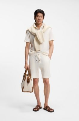 Zip-neck polo shirt in cotton and silk, Natural
