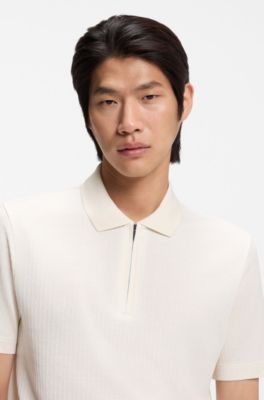 Zip-neck polo shirt in cotton and silk, Natural