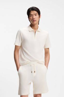Zip-neck polo shirt in cotton and silk, Natural