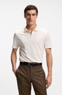 Zip-neck polo shirt in cotton and silk, Natural