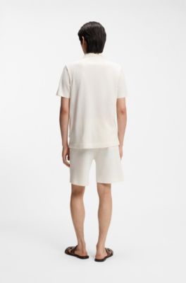 Zip-neck polo shirt in cotton and silk, Natural