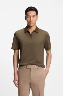 Zip-neck polo shirt in cotton and silk, Brown