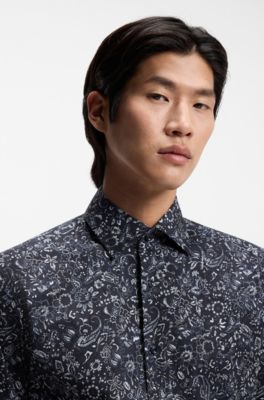 Regular-fit shirt in printed stretch cotton, Dark Blue