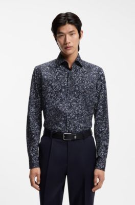 Regular-fit shirt in printed stretch cotton, Dark Blue