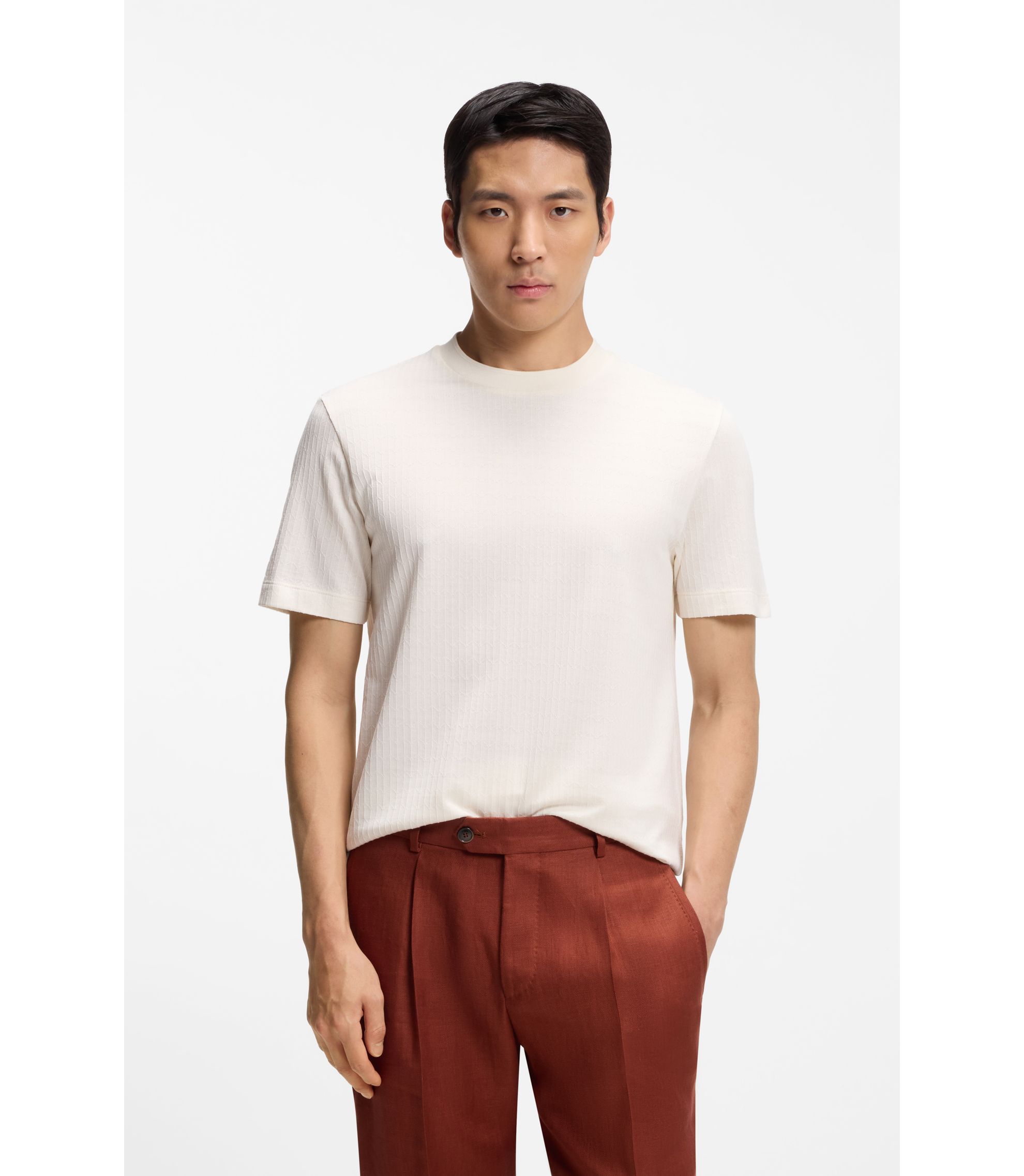 BOSS - Cotton-silk T-shirt with geometric jacquard - Natural