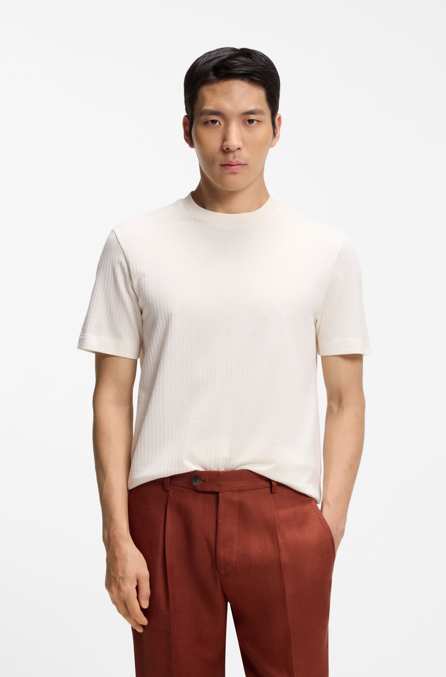 Boss Cotton-silk T-shirt with geometric jacquard herr