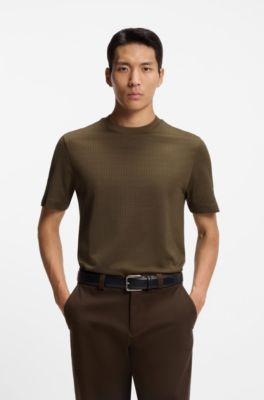  T-shirt en coton et soie &agrave; motif jacquard g&eacute;om&eacute;trique, Marron