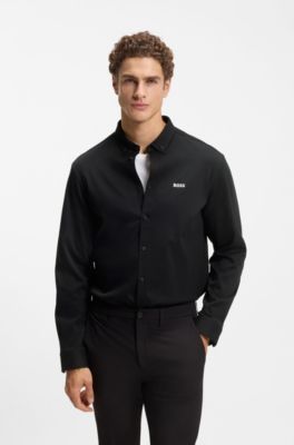 Regular-fit stretch jersey shirt with logo, Black