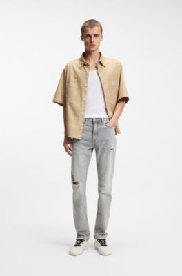 Slim-fit jeans in distressed grey denim, Light Grey
