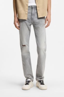 Slim-fit jeans in distressed grey denim, Light Grey