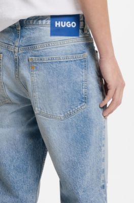 Tapered-fit jeans in light-blue distressed denim, Light Blue