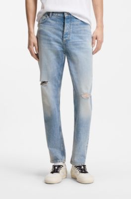 Tapered-fit jeans in light-blue distressed denim, Light Blue