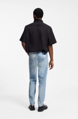 Tapered-fit jeans in light-blue distressed denim, Light Blue