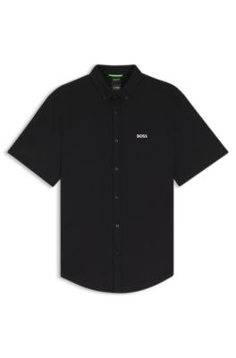 Regular-fit shirt in wrinkle-resistant cotton jersey, Black