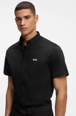 Regular-fit shirt in wrinkle-resistant cotton jersey, Black