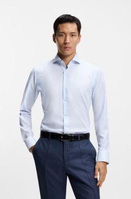 Regular-fit shirt in wrinkle-resistant micro-print cotton, Light Blue
