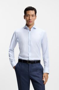 Regular-fit shirt in wrinkle-resistant micro-print cotton, Light Blue