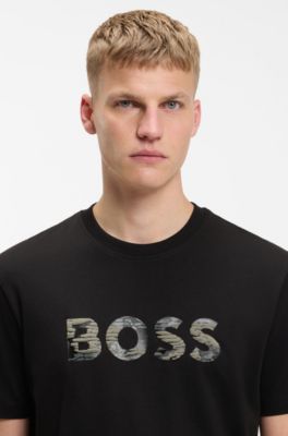 Cotton-jersey T-shirt with logo print, Black