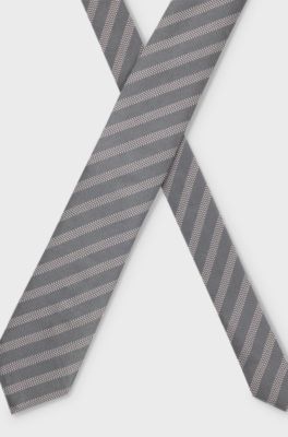 Silk tie with diagonal stripes, Dark Grey