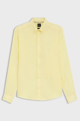 Regular-fit button-down shirt in linen, Light Yellow