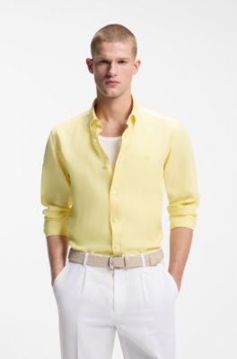 Regular-fit button-down shirt in linen, Light Yellow