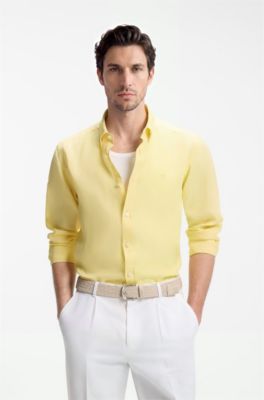 Camicia button-down regular fit in lino, Giallo chiaro